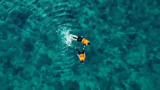 맑은 바다에서 구명조끼를 착용하고 스노클링하는 BLISS 영상 장면