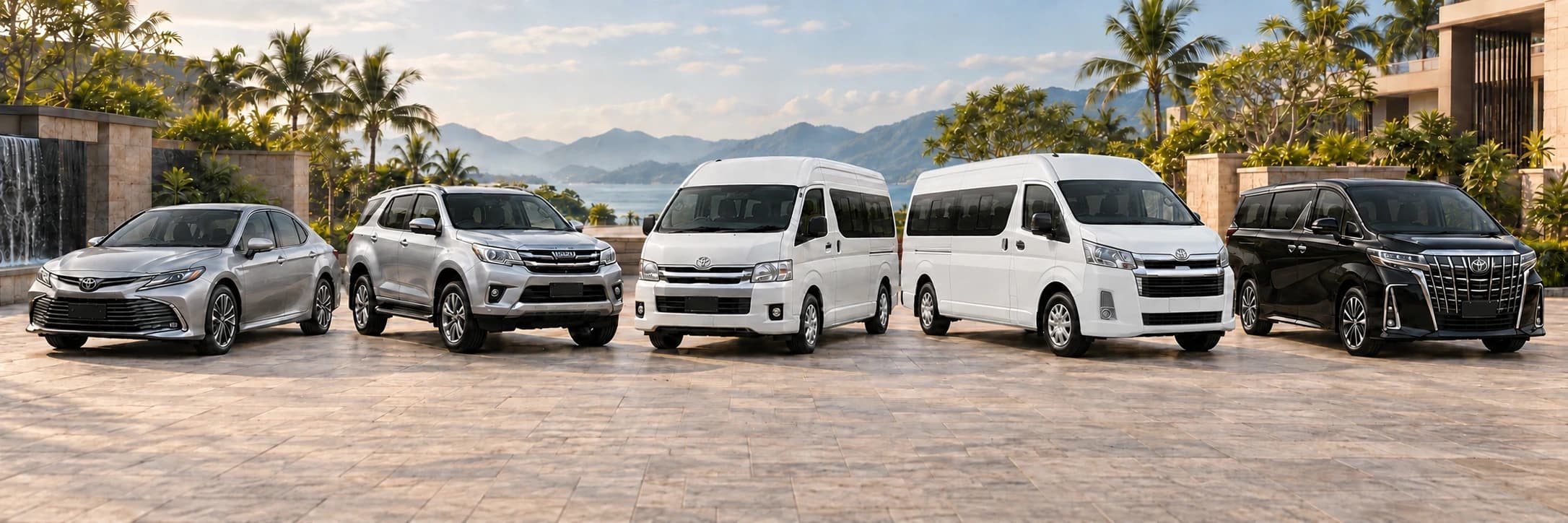 캠리와 이스즈 SUV, 커뮤터, 흰색 범퍼의 신형 커뮤터, 검정 알파드를 열대 정원에 배열한 차종 참고 이미지